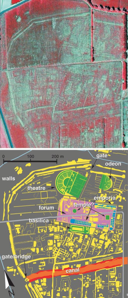 Immagini aeree di Altinum (sopra) e ricostruzione della pianta (sotto) (Andrea Ninfo, Science)