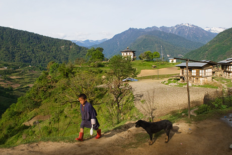 Un bambino e un cane in una strada del Bhutan (Lynsey Addario, NGS) Un bambino e un cane in una strada del Bhutan (Lynsey Addario, NGS)