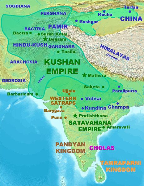 I territori dell'Impero Kushan (linea continua) e la sua massima espansione sotto l'imperatore Kanishka I (linea tratteggiata) (PHGCOM/wiki)