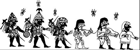 Guerrieri Moche mentre conducono dei prigionieri nudi. Sopra di loro sono raffigurate "mosche" (Colchagua Museum, Chile, JAS)