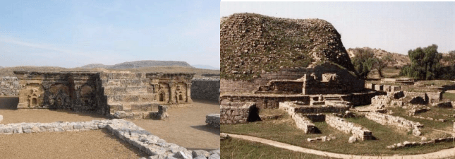 A sinistra una stupa a Sirkap. A destra una a Taxila (GHN)