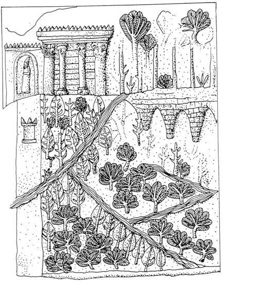 Rappresentazione artistica dei giardini (Boaz Gross, Tel Aviv University)