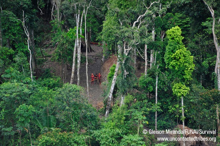 Uomini con il corpo dipinto di tinture vegetali rosse e nere osservano l’aereo dei funzionari del governo brasiliano (Gleison Miranda/FUNAI/Survival)