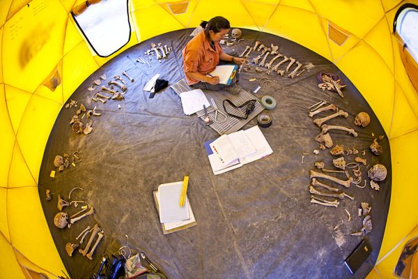 Jacqueline Eng, bioarcheologa della Western Michigan University, cataloga i resti umani (Cory Richards)