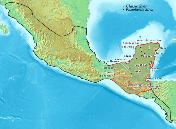 La Mesoamerica, in evidenza l'area maya (wiki)