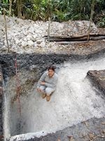 Uno dei ricercatori in un canale di Tikal dove sono state rinvenute tracce di ceneri vulcaniche (Vernon Scarborough)