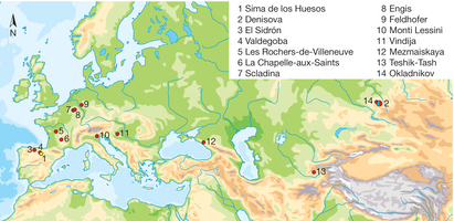 Posizione di Sima de los Huesos (giallo) e dei siti che hanno portato a DNA di Neandertal (rosso) e di Denisova (blu) (Nature)