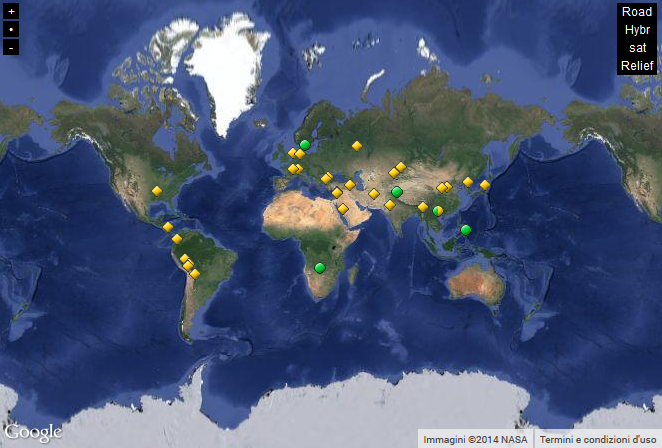 In giallo i siti culturali 2014; in verde quelli naturali (UNESCO)
