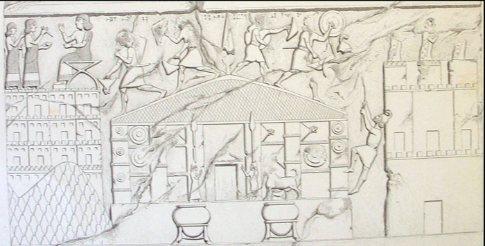 Un disegno del 19' secolo di un antico rilievo che raffigura il saccheggio del tempio di Haldi da parte degli Assiri (Eugène Flandin)