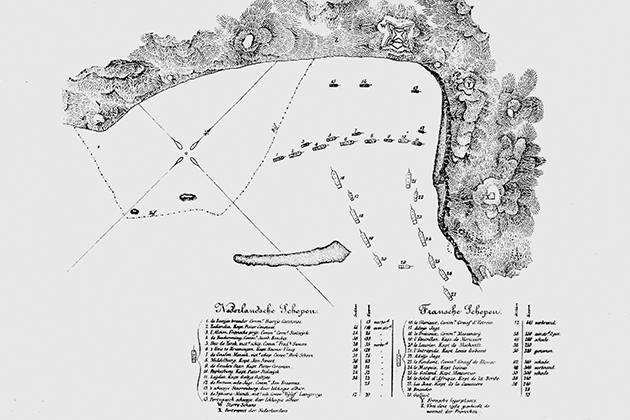 Mappa della Battaglia di Scarborough Harbour, 1677 (University of Connecticut)