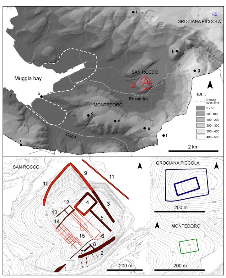 I modelli digitali delle fortificazioni di Grociana piccola, Montedoro e San Rocco. In rosso chiaro le strutture ricostruite grazie alle foto aeree. In rosso scuro le strutture sopravissute emerse. I punti neri sono i siti pre-Romani (Federico Bernardini)