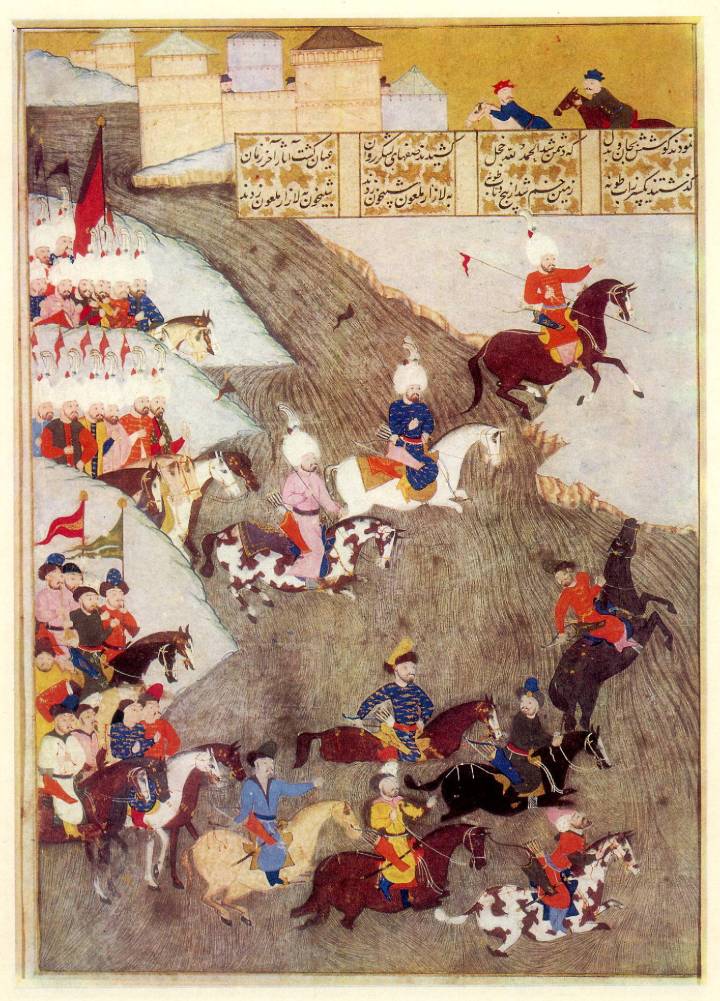 Miniatura ottomana sull'assedio di Szigetvár che mostra le truppe ottomane ed i Tatari come avanguardie, datata 1579 (Wikimedia)