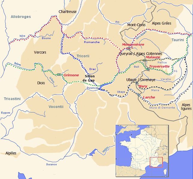 Le possibili vie seguite da Annibale per raggiungere l'Italia romana (Wikimedia)