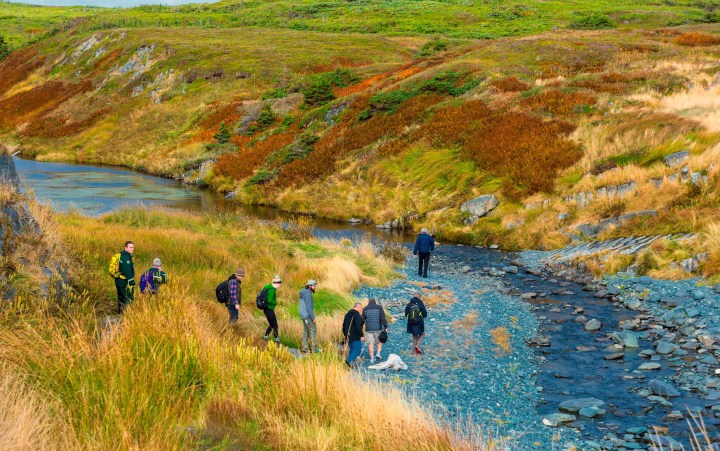 Visitors on a guided tour cross Water Cross River (Mistaken Point Ambassadors Inc)