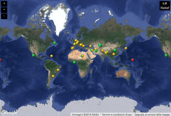In giallo i nuovi siti culturali 2016; in verde quelli naturali (UNESCO)