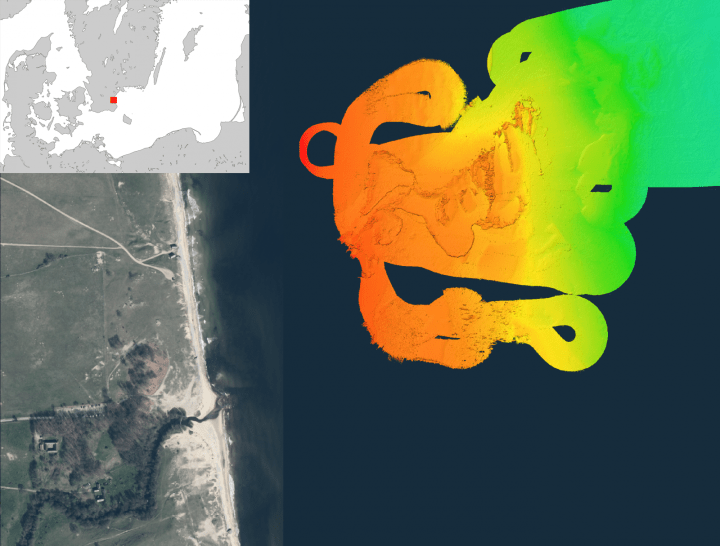 L'attuale costa e fin dove arrivava nella preistoria. Il colore rosso indica acque basse. Le terre che emergevano sono delineate (Arne Sjöström)