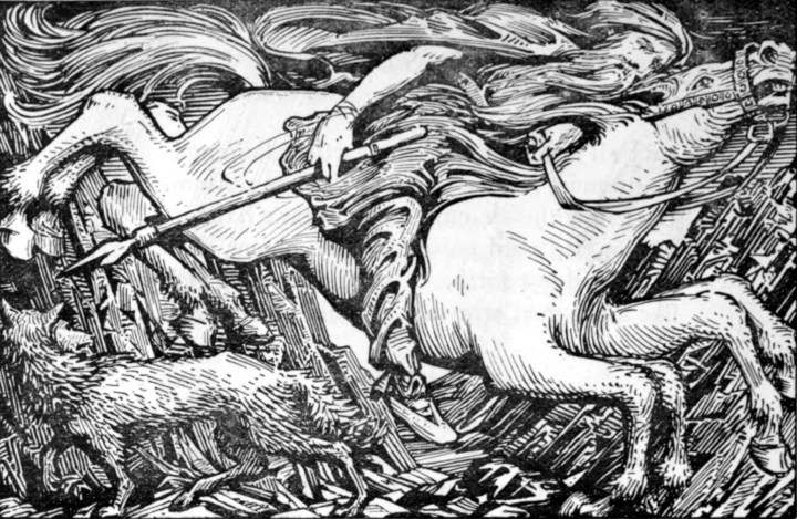 Odino in sella al cavallo Sleipnir in "Odin Rides to Hel" (1908) by W. G. Collingwood.