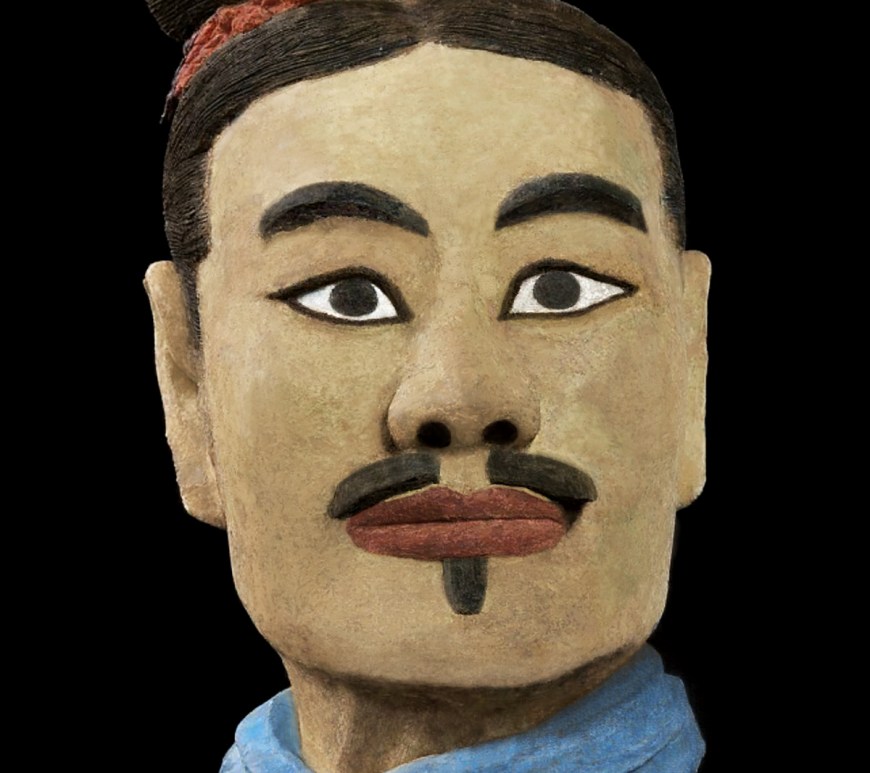 Ricostituzione dei colori originali di un balestriere inginocchiato dell'esercito di terracotta